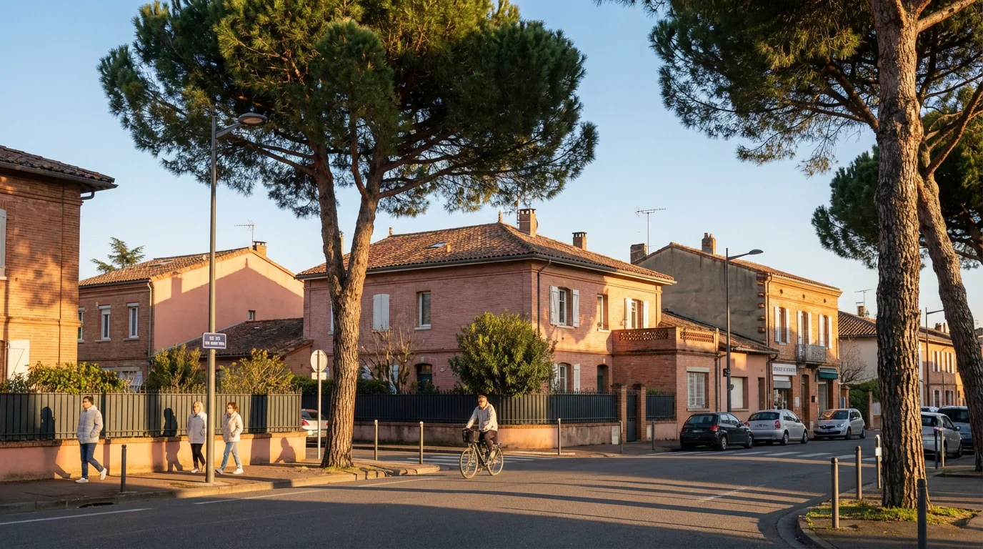 Quartier résidentiel de Toulouse avec des pins maritimes dans les jardins, typique des zones exposées aux chenilles processionnaires