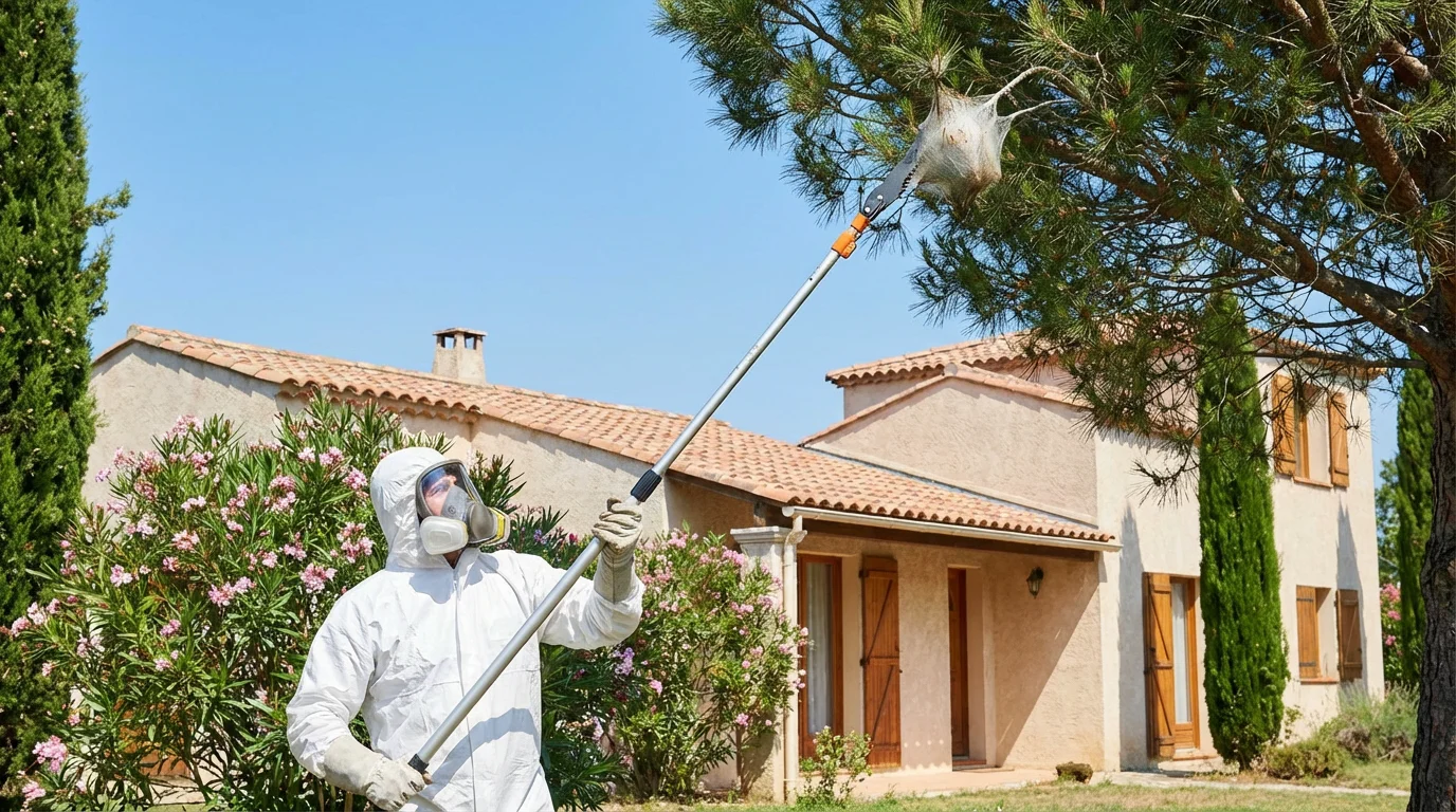 Technicien en tenue de protection retirant un nid de chenilles processionnaires d'un pin